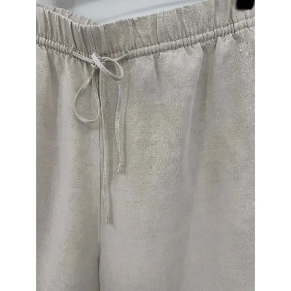 H&M Beige Linen Blend Wide Leg Pull On Pants Coastal Minimalist Small Coastal